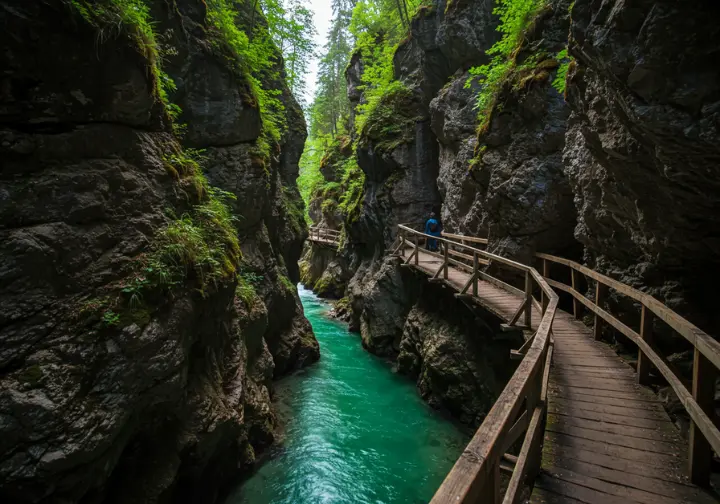 Wooden walkway through Vintgar Gorge with the Radovna River.