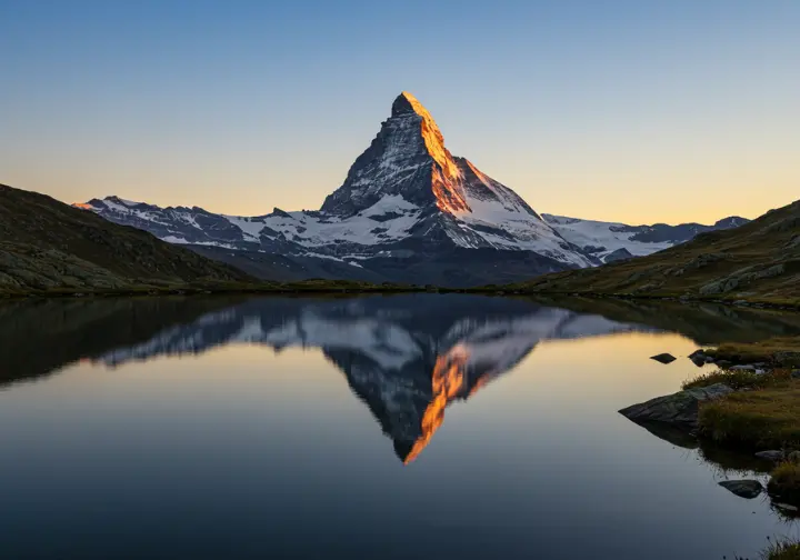 Iconic Matterhorn reflection in Stellisee lake, representing Zermatt's panoramic hiking views.