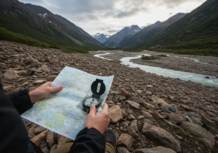 Person using map and compass to navigate on a rocky terrain.