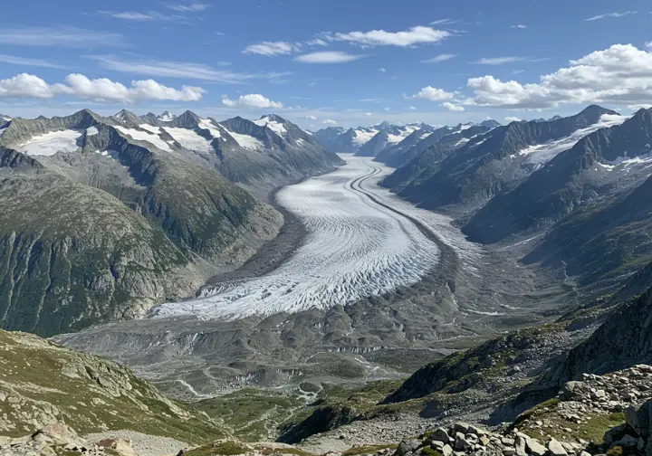 Panoramic view of the Aletsch Glacier, showcasing one of Switzerland's greatest glacier and lake wonders.
