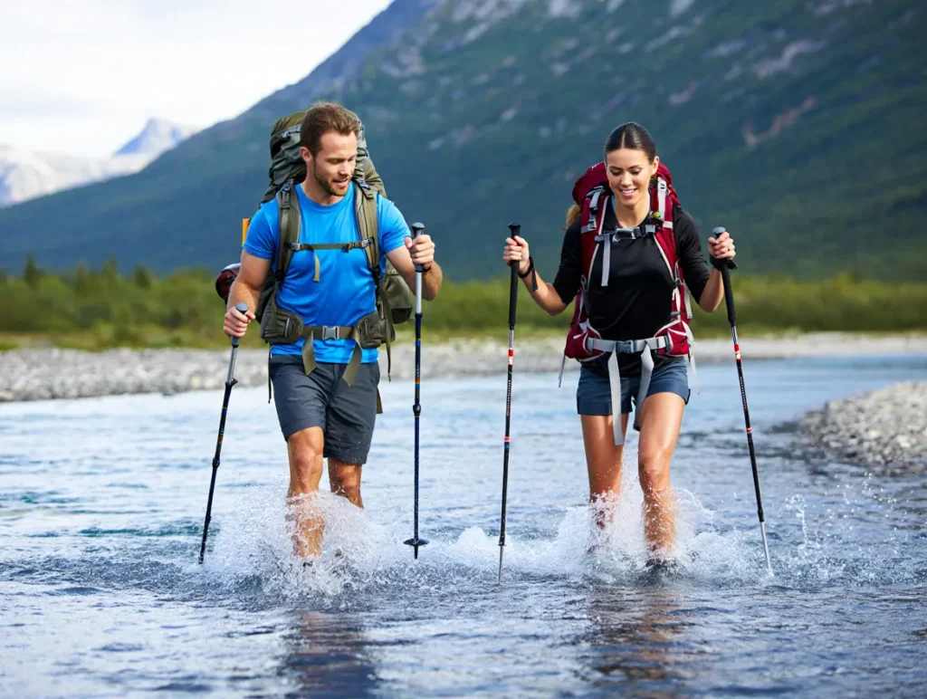 Two backpackers demonstrate a safe river crossing technique with trekking poles in a braided river in Gates of the Arctic National Park.