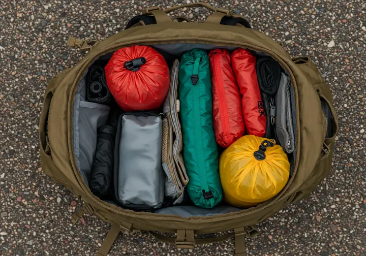 Overhead view of a well-organized backpack with gear packed in compression sacks.