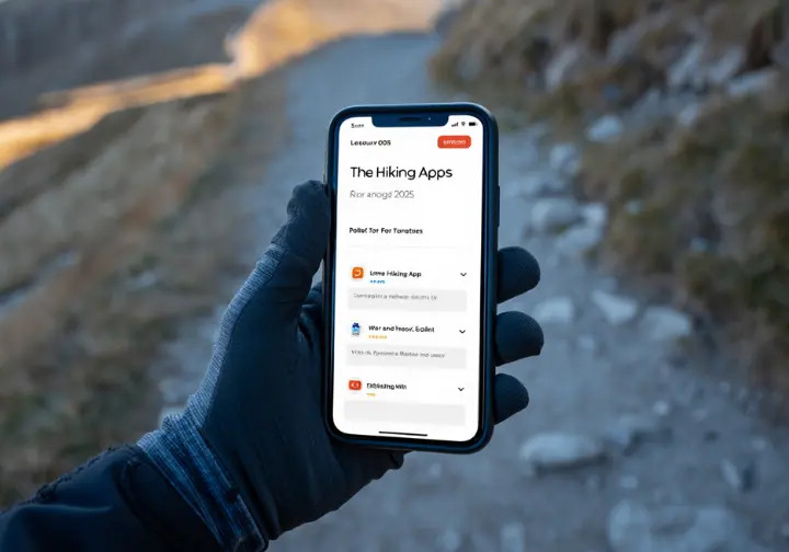 A hiker's hand holds a smartphone displaying a clear graphic ranking the definitive best free hiking apps for 2025, set against a mountain trail background.