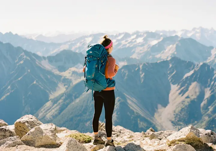 A female thru-hiker with an ultralight backpack stands at a high pass in the Sierra Nevada, representing what it takes to complete an epic expedition like the JMT.