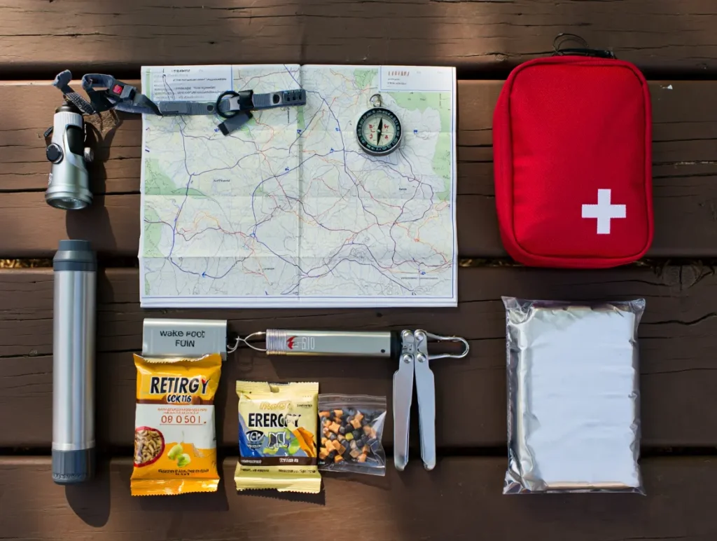 A flat lay of the ten essentials for hiking safety, including a map, compass, first-aid kit, and headlamp, arranged on a wooden table.