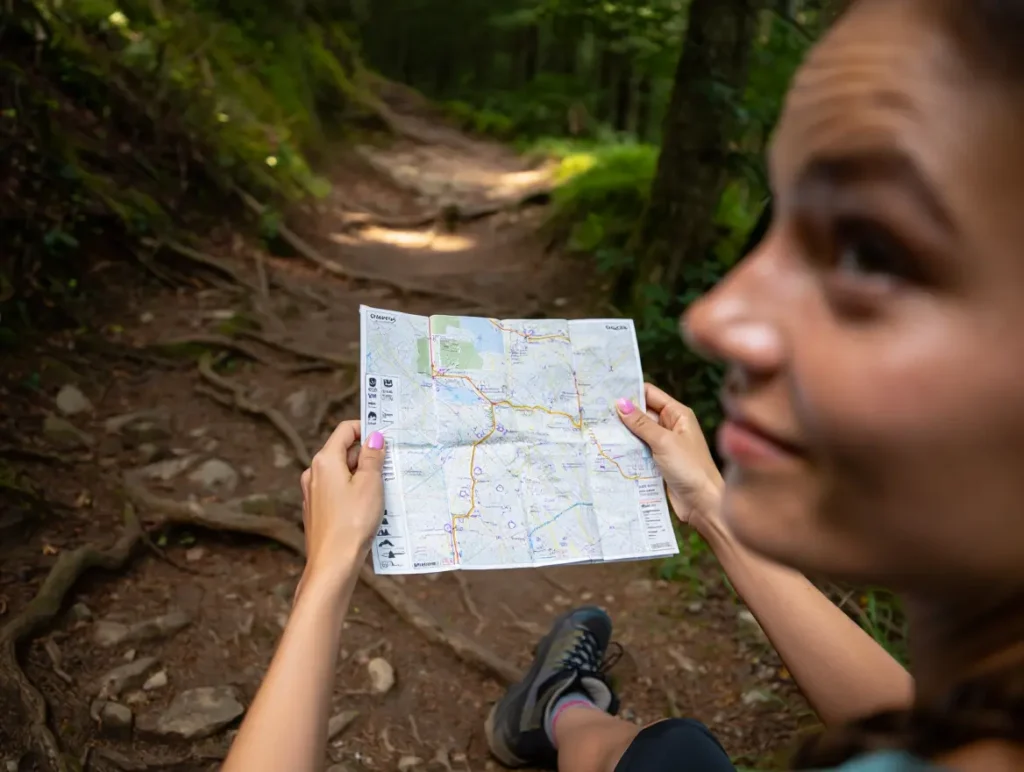A close-up view of a hiker on a trail, comparing a detailed, annotated map in her hands to the path ahead.