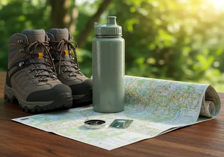 Essential hiking gear including boots, water bottle, map, and compass.