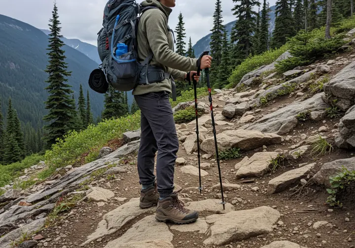 Hiker on Joffre Lakes trail demonstrating proper gear and preparation, including boots, poles, backpack, and layers.