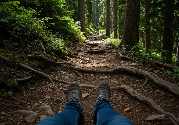 View of the rocky Joffre Lakes trail with hiking boots, emphasizing the terrain's challenging nature.