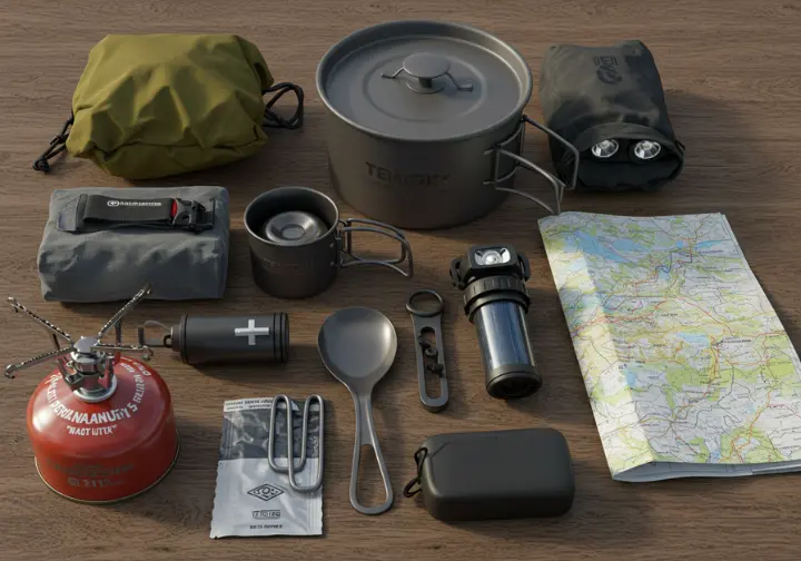 Essential trekking gear for the O Circuit, including cooking equipment, water filter, and first-aid kit.