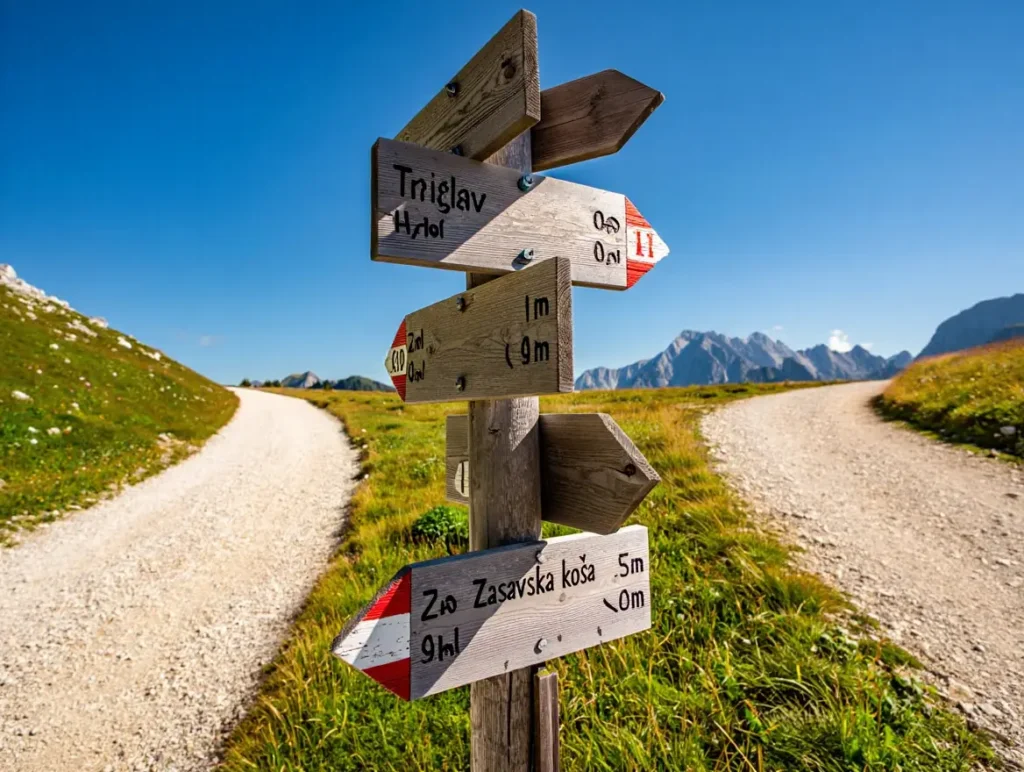 A wooden trail signpost showing different stages and hiking times on the Slovenian Mountain Trail in the Alps.