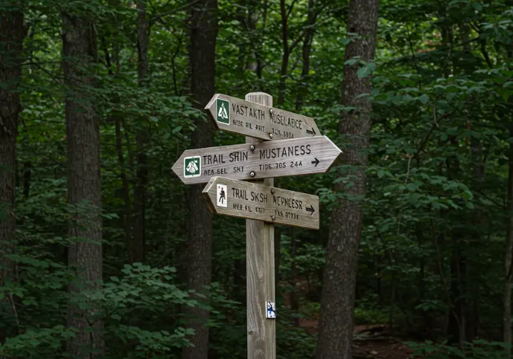 Trailhead signpost with multiple trail markers in a forest setting, representing navigation essentials.