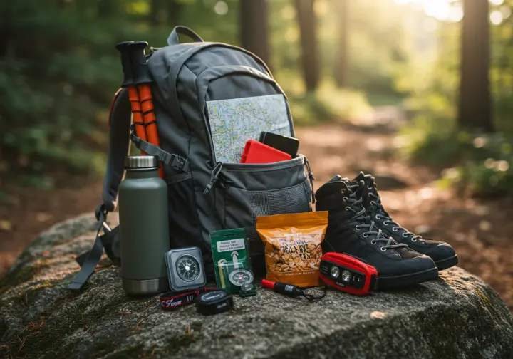 Essential hiking gear laid out, representing practical tips for the best hikes in Vancouver BC.