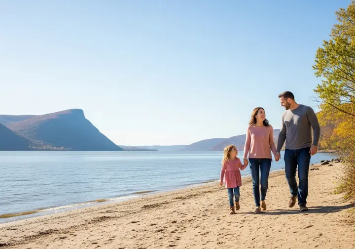A family enjoying an easy, accessible hike with river views at Little Stony Point in Cold Spring, NY.