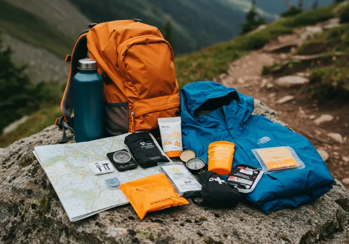 Essential hiking gear laid out, including a water bottle, map, compass, and first-aid kit, representing Colorado hiking tips.