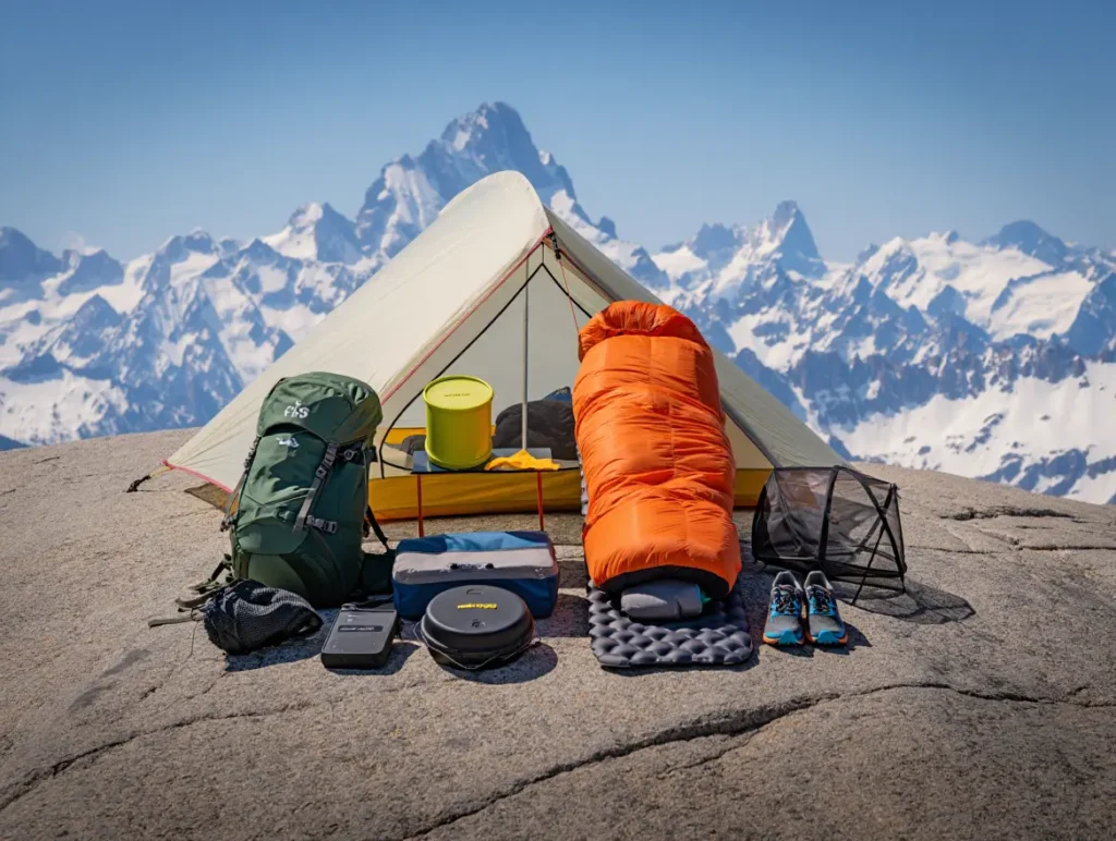 A complete backpacking gear kit for a trip to Gates of the Arctic, including a tent, backpack, and bear canister, laid out on a rock.