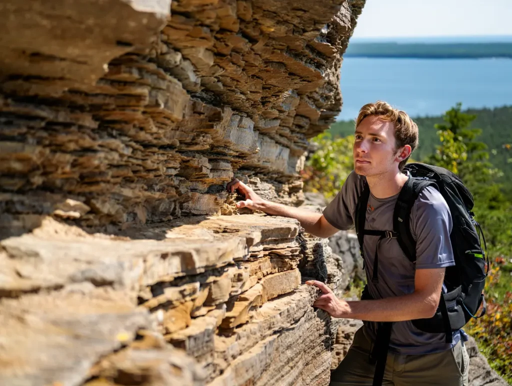 A hiker on the Eagle Trail closely examining the texture of the ancient limestone cliffs of the Niagara Escarpment.