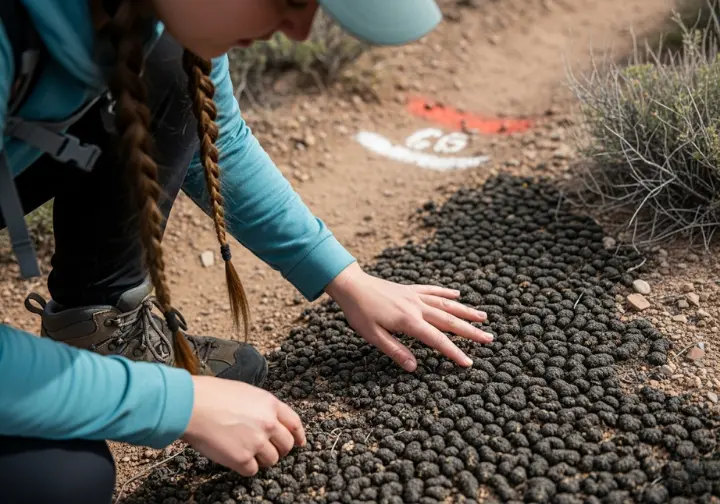 A close-up of a hiker's hand gesturing towards a patch of fragile cryptobiotic soil next to a desert trail, symbolizing learning and responsible hiking.
