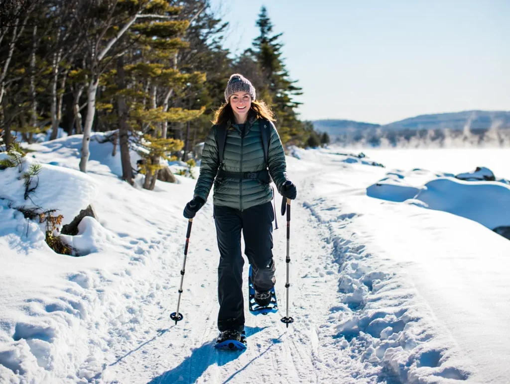 A hiker in full winter gear with snowshoes on a snowy trail overlooking a partially frozen Lake George.