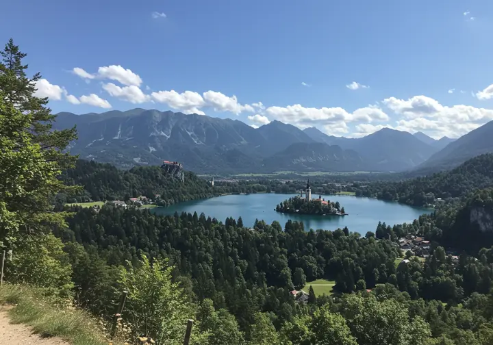 Panoramic view of Lake Bohinj and surrounding mountains.