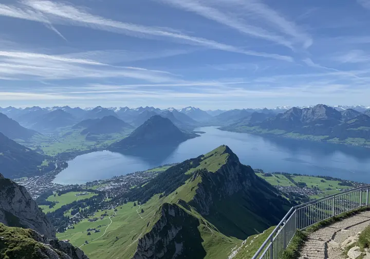 360-degree panoramic view from Mount Rigi, highlighting the mountain railway adventure and Swiss landscape.