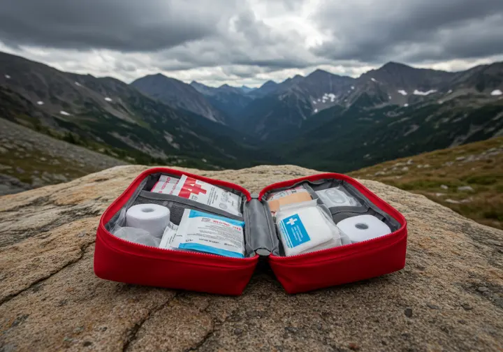 First-aid kit open and displayed on a rock, with a mountainous backdrop.