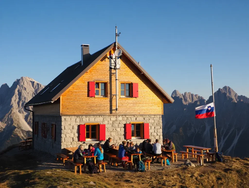 Hikers relaxing outside a traditional Slovenian mountain hut (koča) in the Julian Alps during late afternoon.
