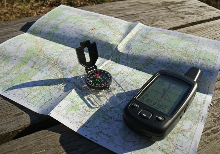 Essential trail navigation tools: a topographic map, compass, and handheld GPS device ready for use outdoors.