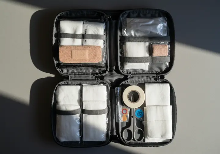 Open comprehensive first-aid kit displaying bandages, gauze, tape, wipes, and blister treatment for hikers.