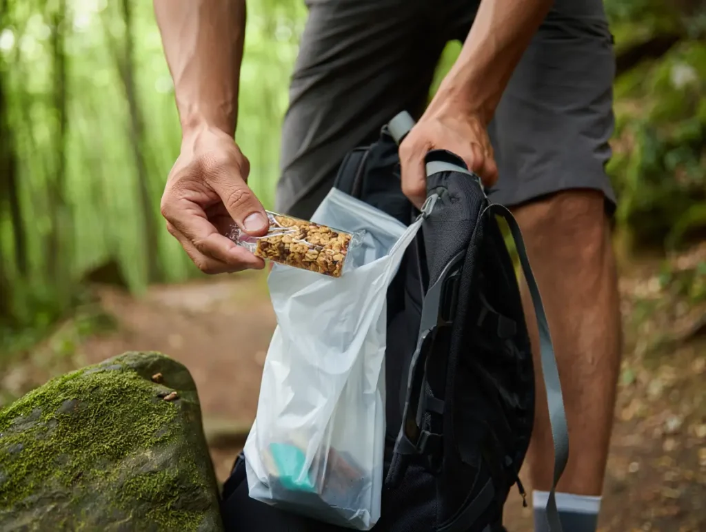 A hiker practices Leave No Trace by carefully placing a wrapper into a reusable trash bag on their backpack.