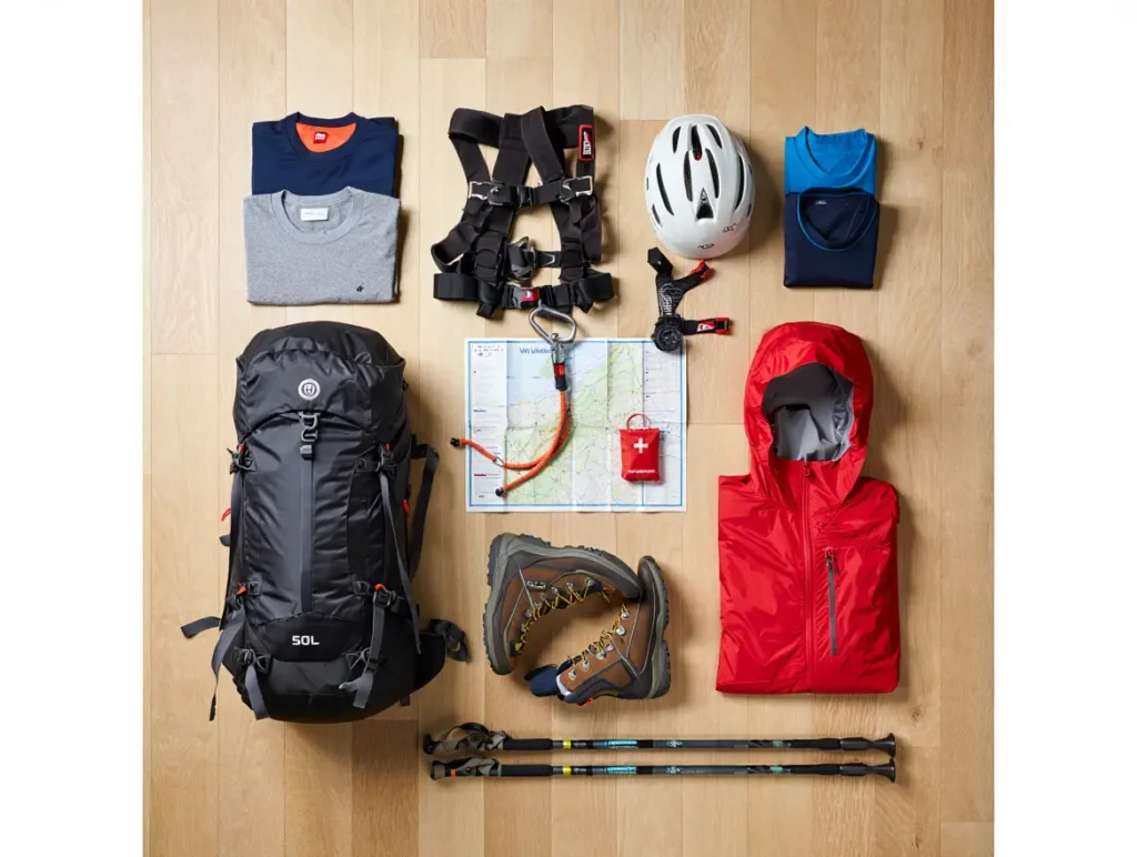A complete set of essential gear for the Slovenian Mountain Trail, including a via ferrata kit, laid out neatly on a floor.