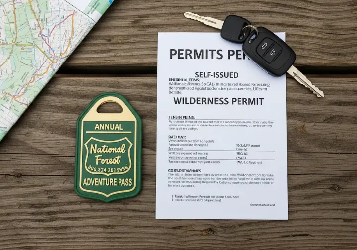 A top-down view of a Forest Adventure Pass and a Wilderness Permit laid on a table with a map, showing the key items for planning SoCal hiking logistics.