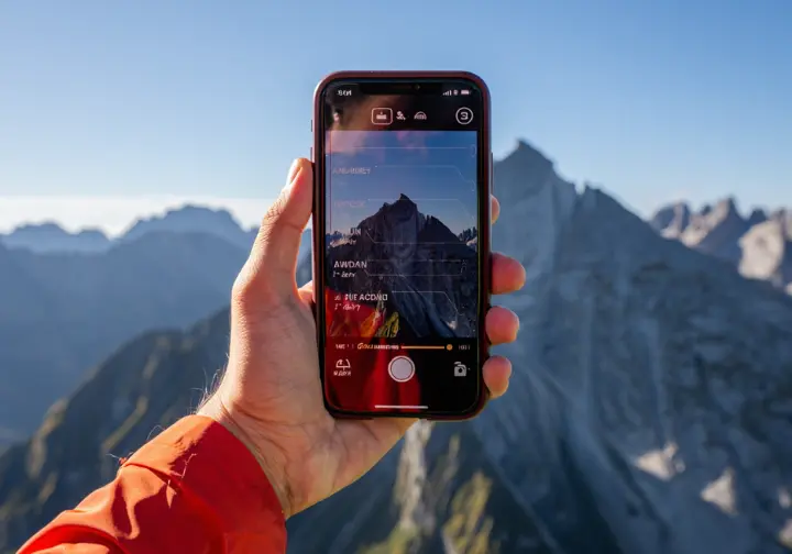 A hiker uses a specialized smartphone app with augmented reality to identify the names and elevations of distant mountain peaks on a sunny day.