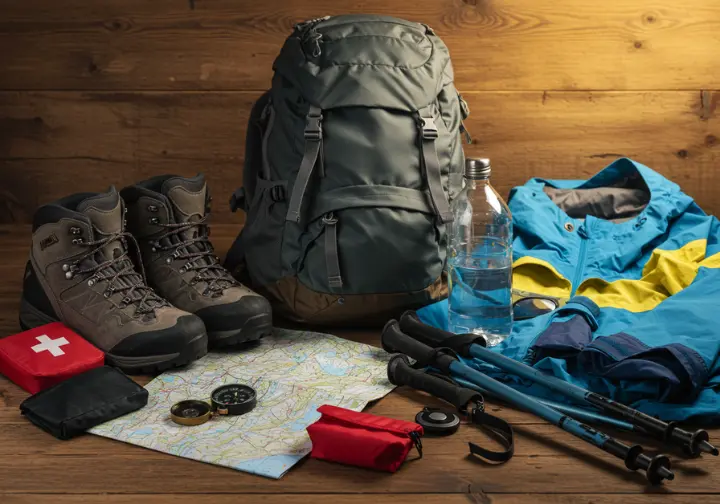 Essential gear for planning a Swiss hiking adventure, including boots, map, and backpack.