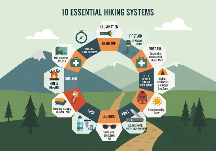 An infographic detailing the 10 Essential Systems for hiking safety as recommended by the U.S. National Park Service. Each system is represented by an icon and keywords for the necessary gear, covering navigation, illumination, first aid, fire, shelter, food, water, clothing, sun protection, and a knife.