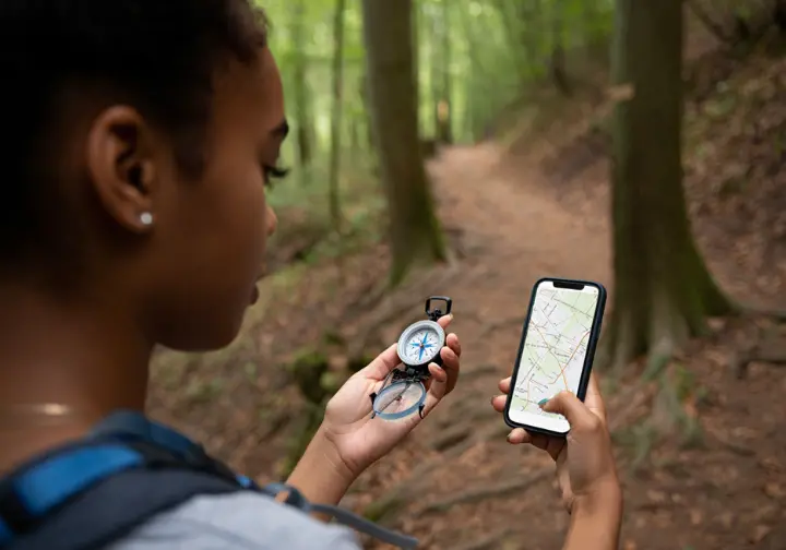 From over her shoulder, a hiker is shown at a trail junction, actively comparing a compass in one hand with a topographic map on her smartphone in the other to become a better navigator.