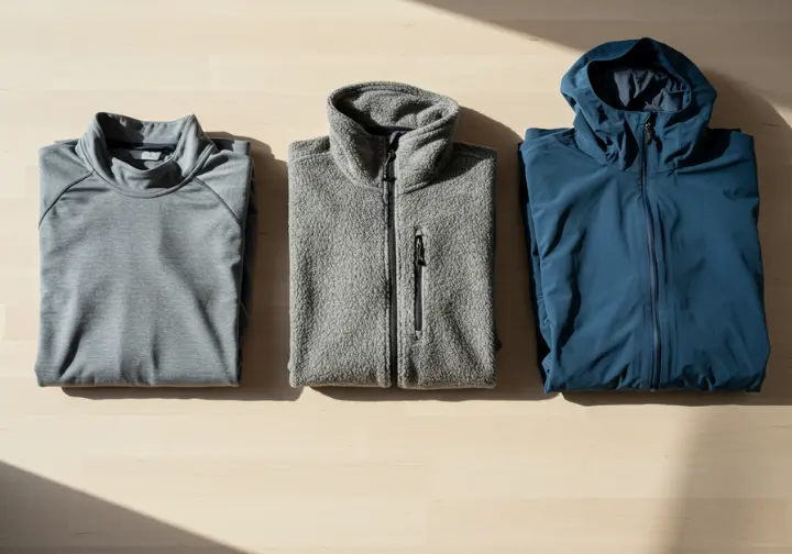 Effective hiking clothing layering system showing base, mid, and outer layers folded side-by-side.