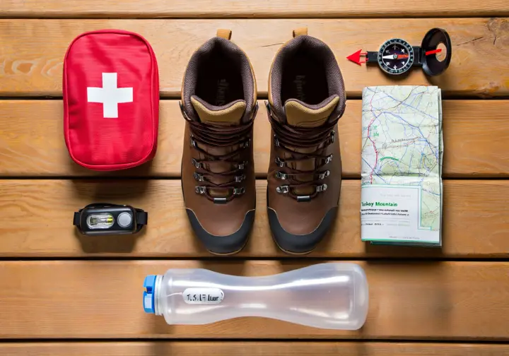 An essential gear checklist for hiking displayed in a flat-lay, including hiking boots, a map, a compass, and microspikes for seasonal safety.