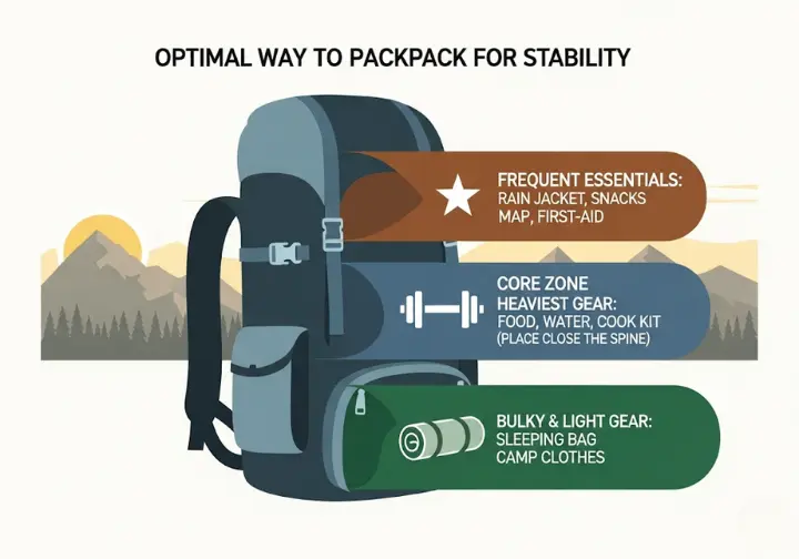 A clear infographic illustrating how to pack a hiking backpack for optimal stability. It features a cutaway view of a backpack divided into three zones: the bottom for bulky, light items like a sleeping bag; the core for the heaviest gear like food and water, placed against the spine; and the top and pockets for frequently used essentials like a rain jacket and snacks.