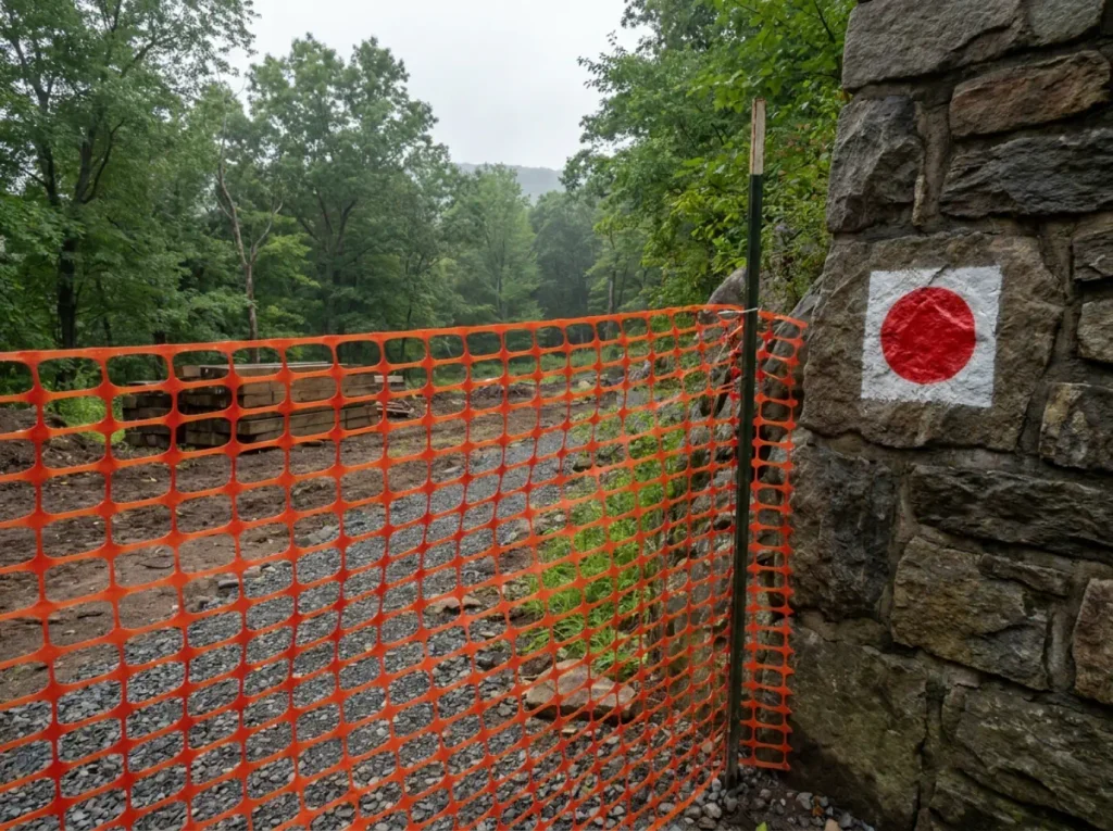 Construction fencing rerouting the Major Welch Trail approach near the Bear Mountain Inn