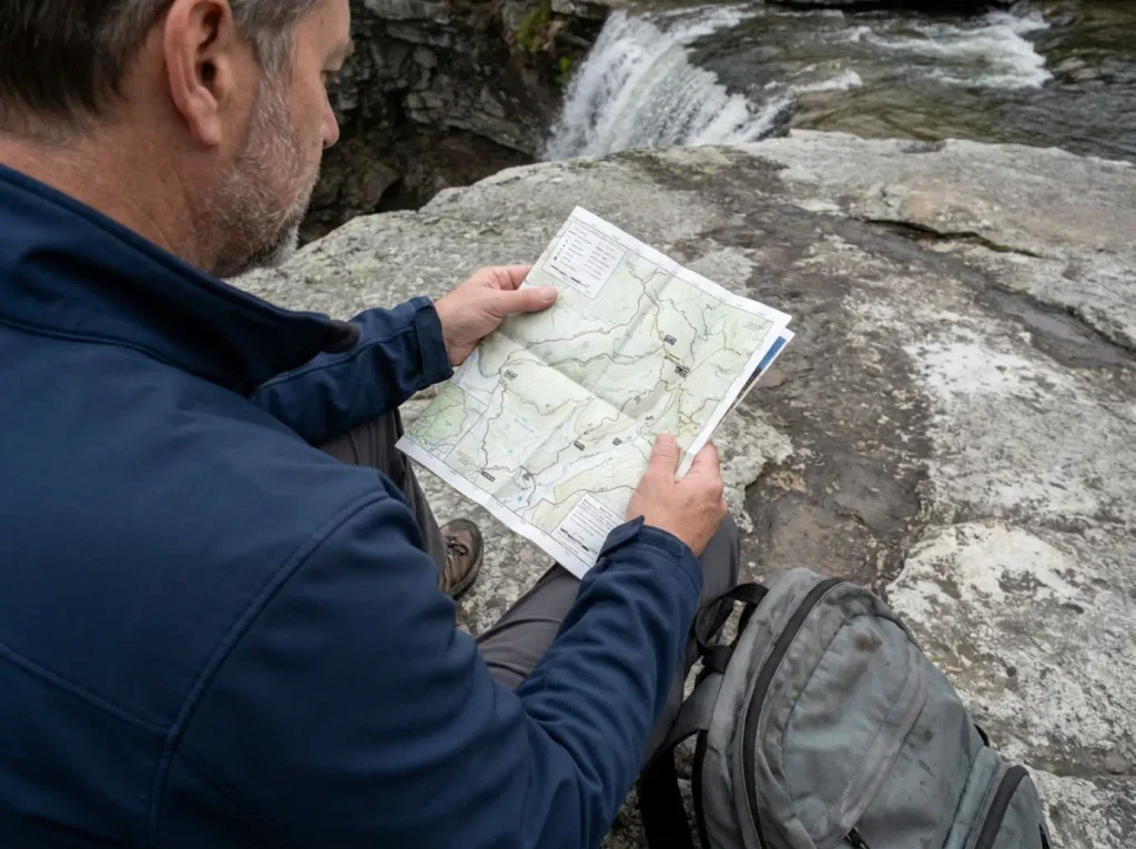Hiker checking a paper trail map against the view of Verkeerder Kill Falls