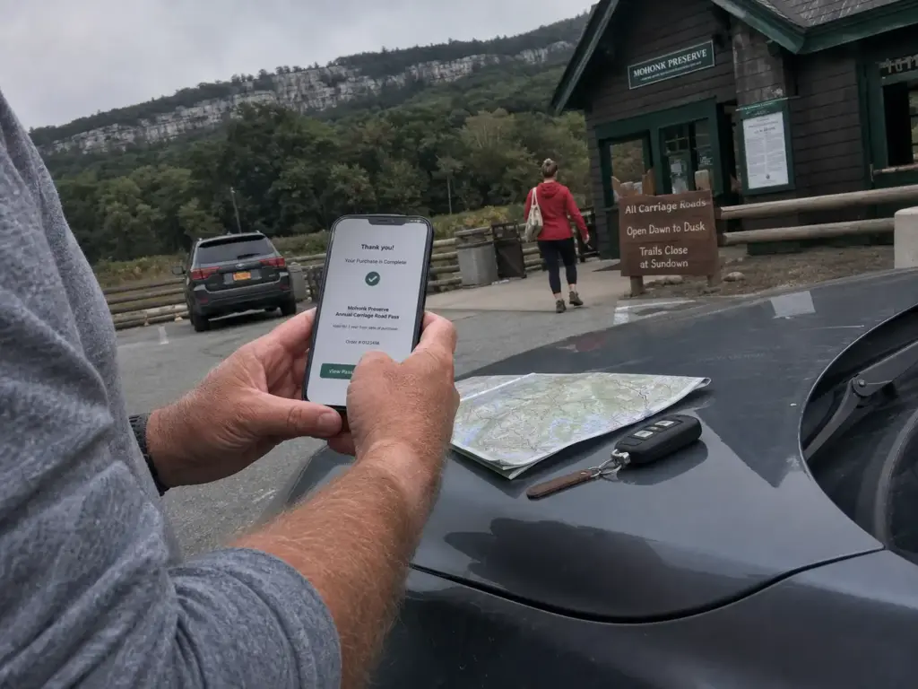 Hiker checking a Mohonk day pass on a phone at the Gatehouse parking area near New Paltz