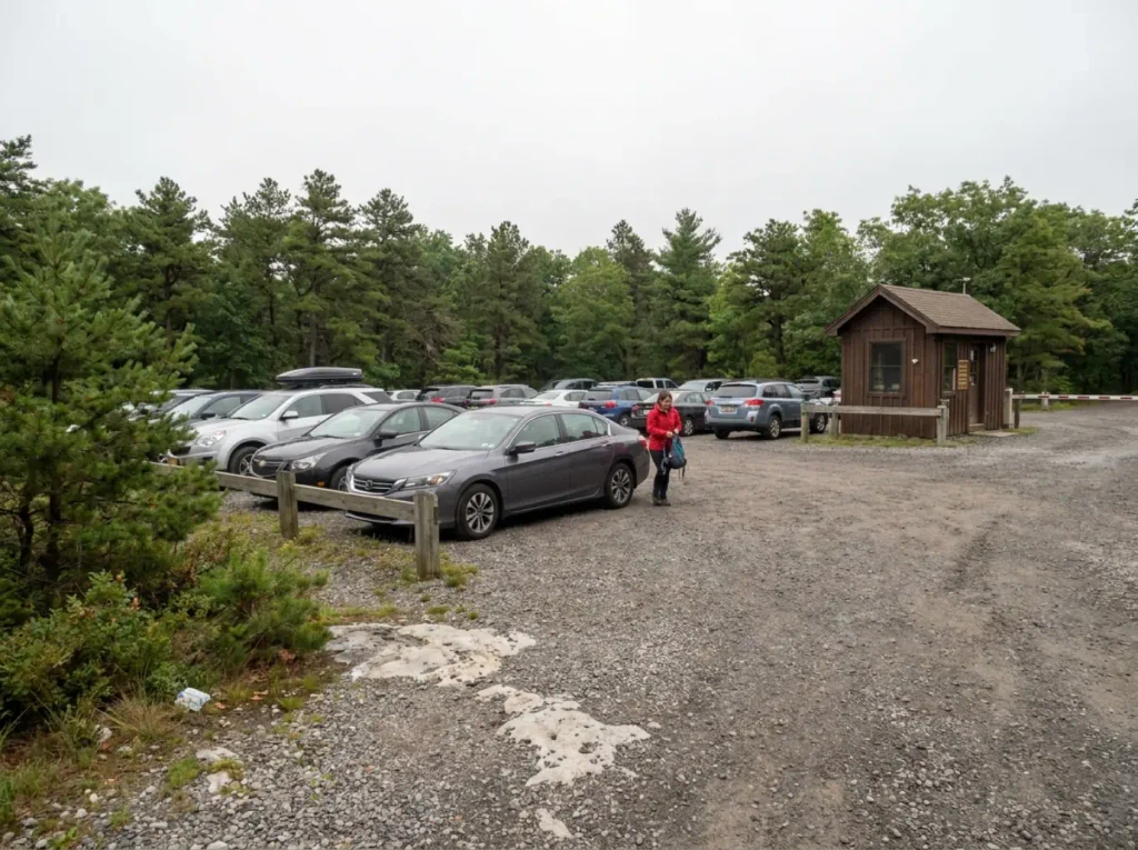 Full trailhead parking lot at the Sam's Point Area entrance in Minnewaska State Park Preserve