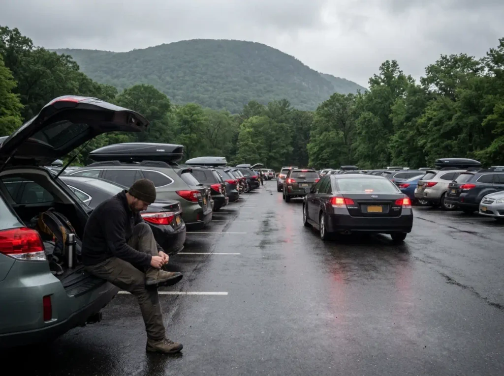 Full parking lot at Bear Mountain State Park early on a weekend morning before a hike