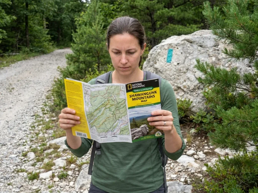 Hiker holding a Shawangunk Mountains trail map at a blazed junction on the Verkeerder Kill Falls Trail