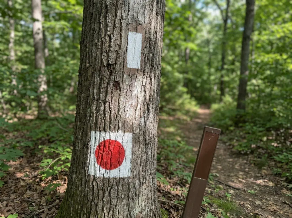 Red circle Major Welch Trail blaze and white Appalachian Trail blaze at a junction post
