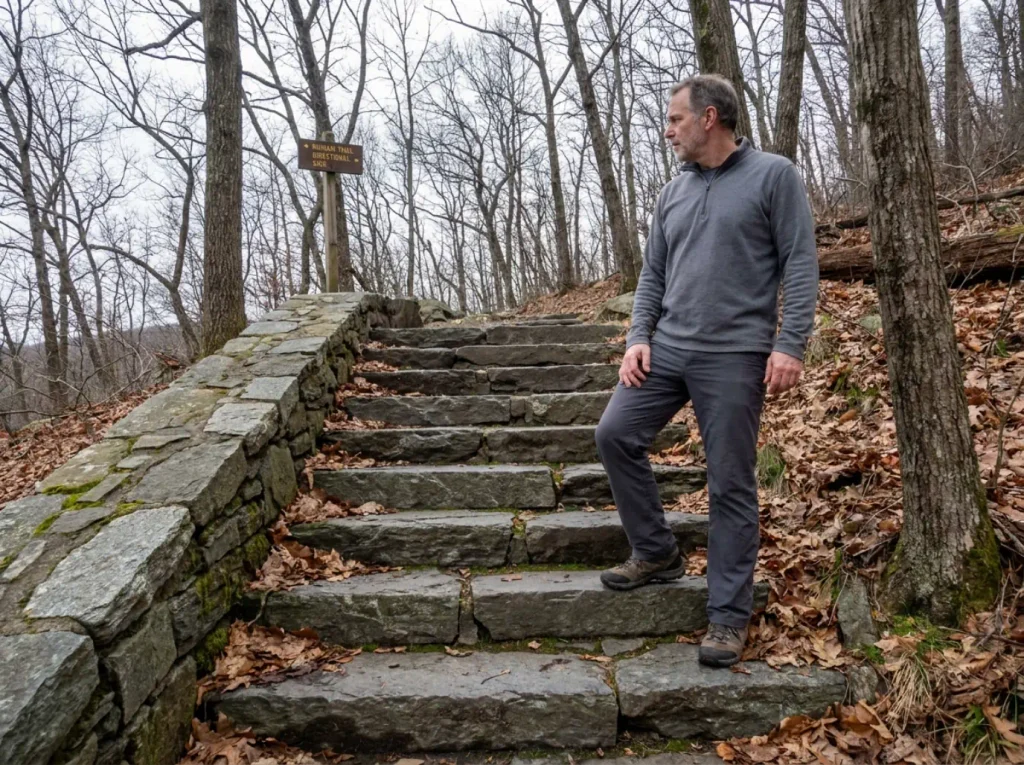 Hand-cut stone staircase on the Ninham Trail, the one-way descent route off Breakneck Ridge