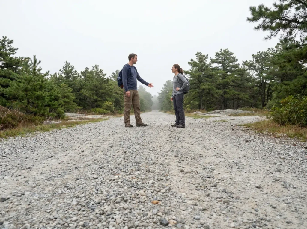 Two hikers deciding which route to take on the carriage road at Sam's Point Preserve