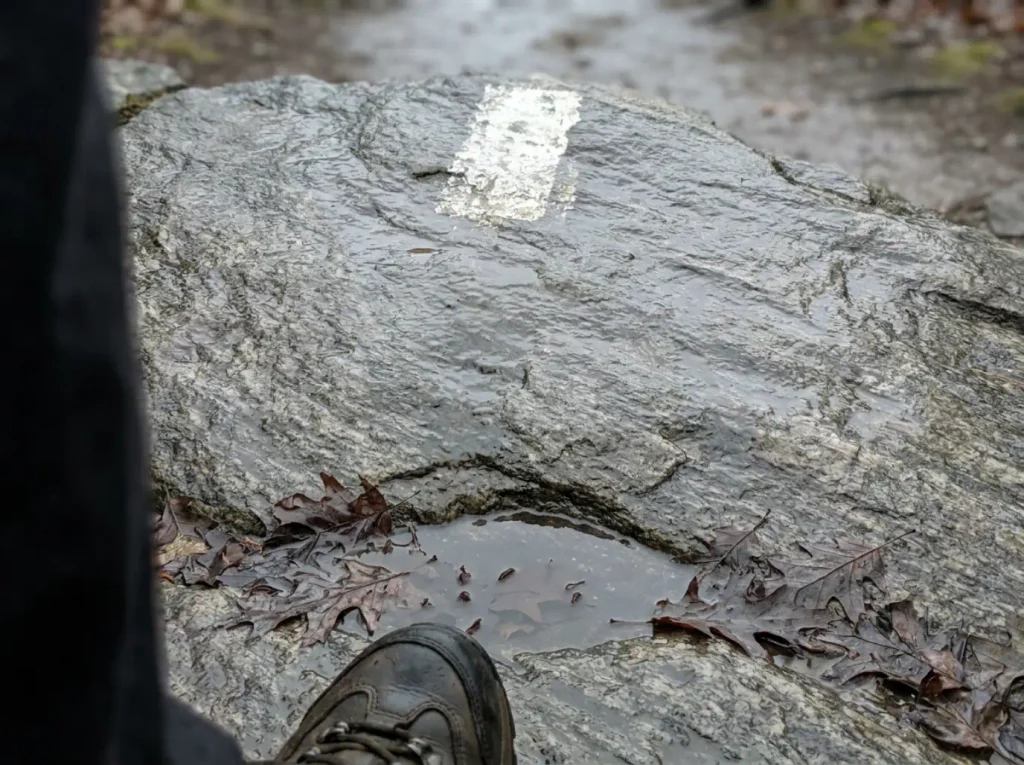 Rain-slicked gneiss slab on the Breakneck Ridge trail showing why wet rock changes the hike