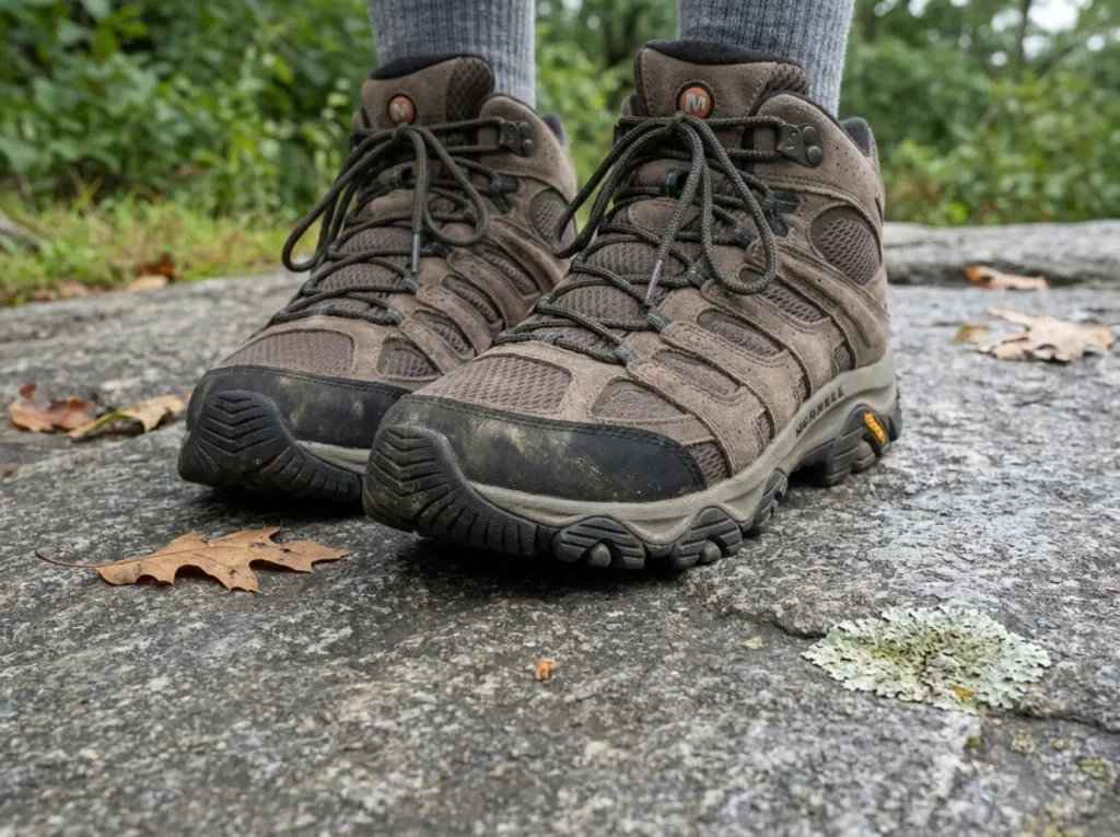 Merrell Moab 3 boots on wet granite slab rock on the Major Welch Trail scramble section